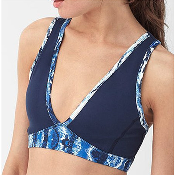 Splendid Blue Sports Bra XS Python Plunging Strappy Back Medium Support NEW - Picture 1 of 8